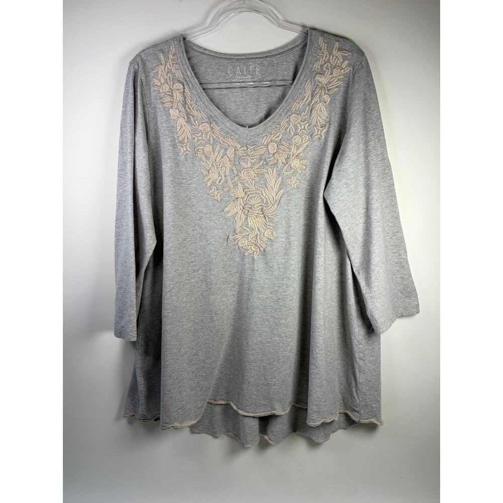 Caite Gray Beige Floral Embroidered 3/4 Sleeve Cotton T-shirt Size XXL (read)